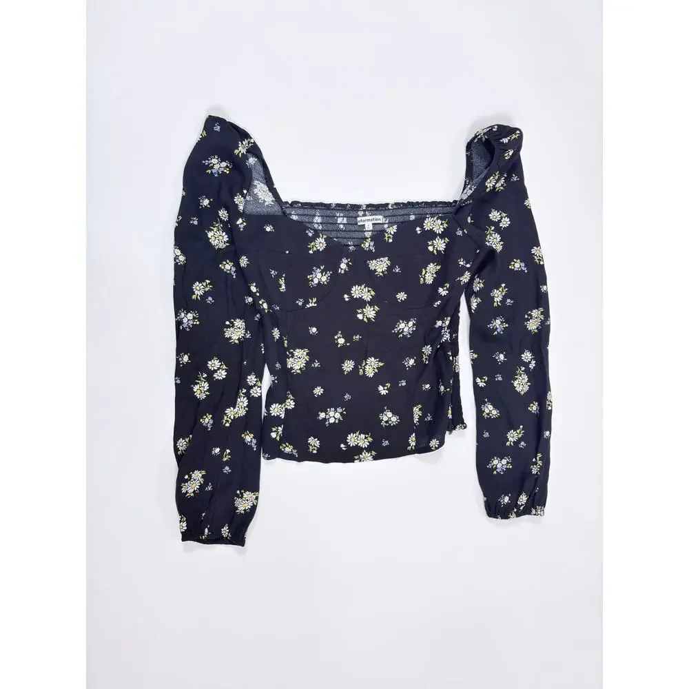 Romantic French Girl Black Ditsy Floral Print Reformation Puff Sleeve Top Size 4